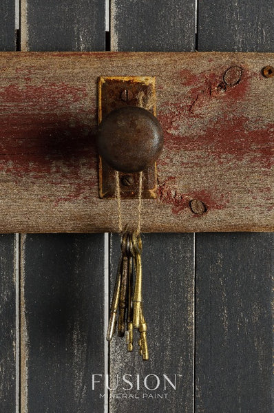 Fusion Mineral Paint |Door handle with keys hanging off, background painted in ash.