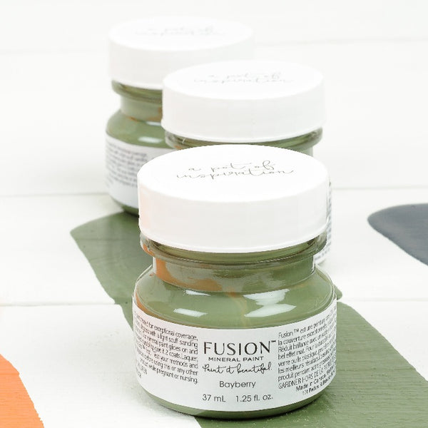 Fusion Mineral Paint | Three small jars of Bayberry on a white background with a paint streak down the middle.
