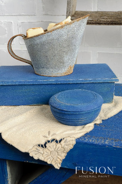 Fusion Mineral Paint | Liberty Blue Painted table, bowl and box with metal measuring cup.