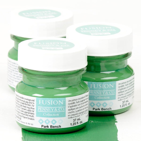 Fusion Mineral Paint | Three small jars of Park Bench on a white background with a paint streak down the middle.