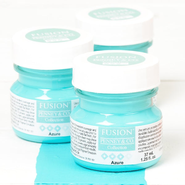 Fusion Mineral Paint | Three small jars of Azure on a white background with a paint streak down the middle.