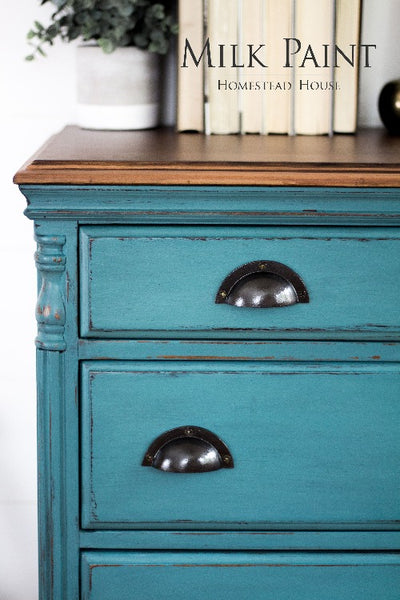 Milk Paint Homestead House | Renfrew Blue painted dresser in bedroom setting.