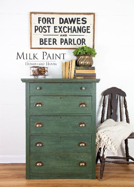 Milk Paint Homestead House | Bayberry painted dresser in bedroom setting.
