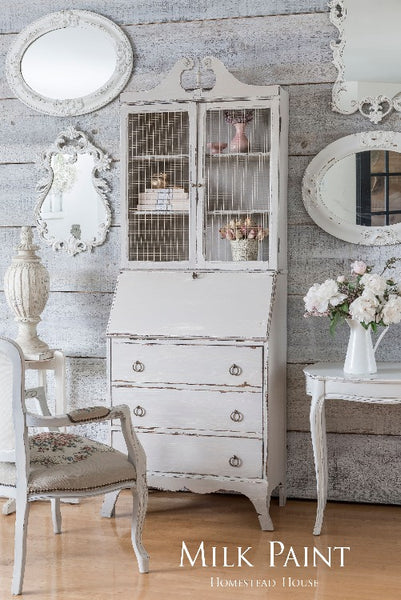 Milk Paint Homestead House | Cathedral Taupe painted vanity in living room setting.