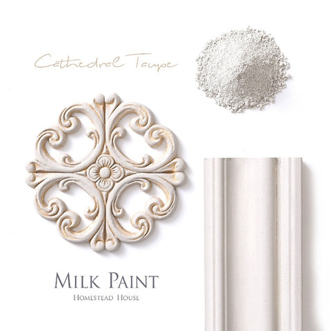 Homestead House Milk Paint | Cathedral Taupe paint samples on white background.