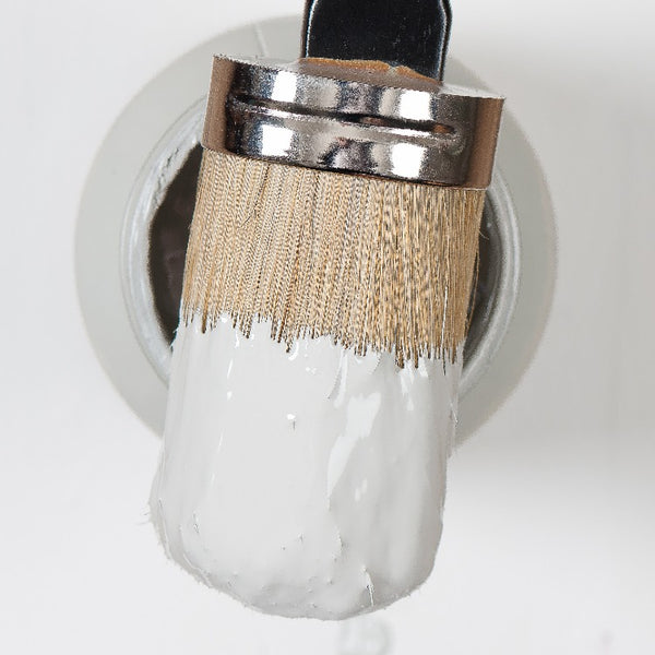 Fusion Mineral Paint | Paintbrush dipped in Pebble paint sitting on container.