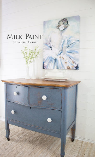 Milk Paint Homestead House | Rideau Blue dresser in a living room setting.