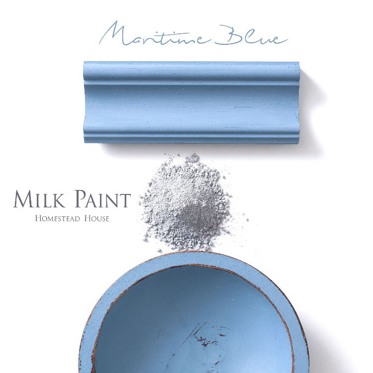 Homestead House Milk Paint | Maritime Blue paint samples on a white background.