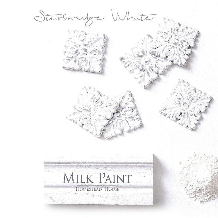 Homestead House Milk Paint | Sturbridge White paint samples on a white background.