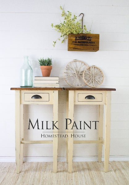 Milk Paint Homestead House | Buttermilk Cream painted vanity in living room setting.