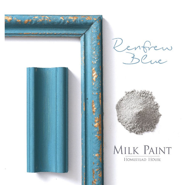 Homestead House Milk Paint | Renfrew Blue painted samples on a white background.