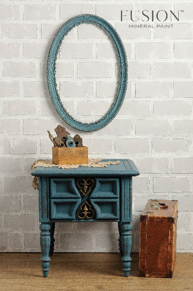 Fusion Mineral Paint | Table and frame painted with homestead blue surrounded by other decor.