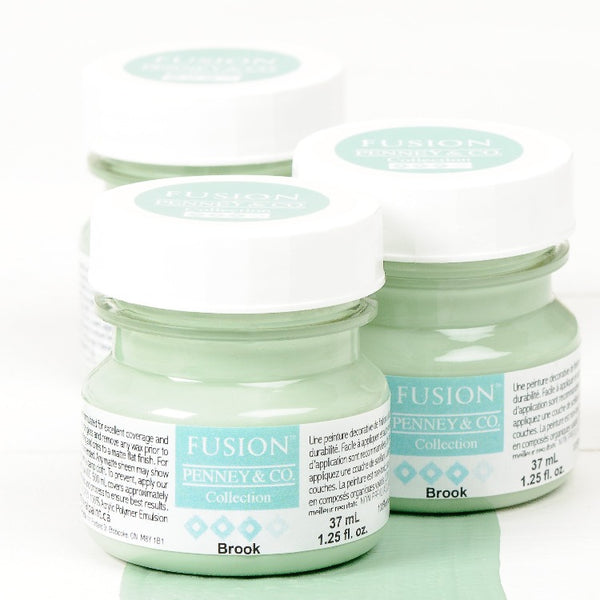 Fusion Mineral Paint | Three small jars of Brook on a white background with a paint streak down the middle.