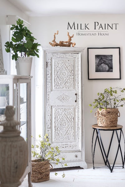 Milk Paint Homestead House | Raw Silk painted vanity in a living room setting.