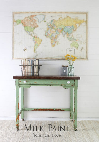 Milk Paint Homestead House | Upper Canada Green painted desk in office setting.