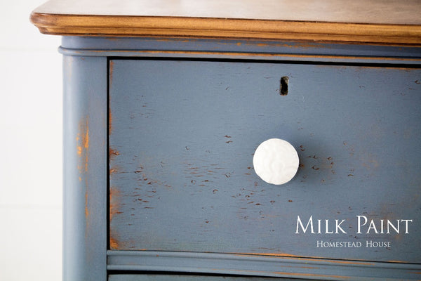 Milk Paint Homestead House | Rideau Blue painted dresser on a white background.