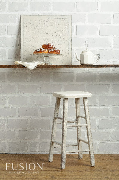 Fusion Mineral Paint | Countertop with decor along white brick wall