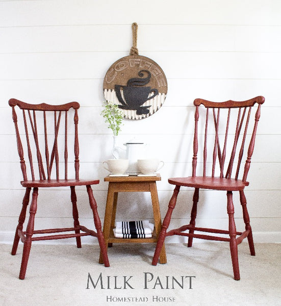 Milk Paint Homestead House | Barn Red painted chairs in dining room setting.