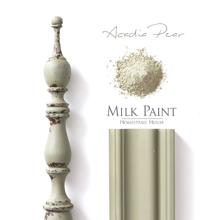 Homestead House Milk Paint | Acadia Pear paint samples on white background.